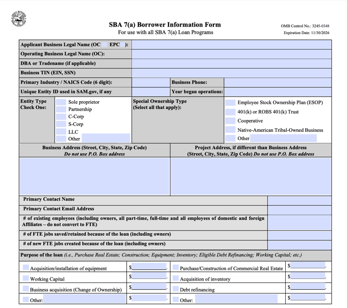 SBA Form 1919 - 7a Loans