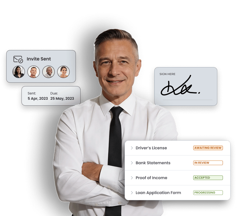 Corporate man surrounded by FileInvite functionality