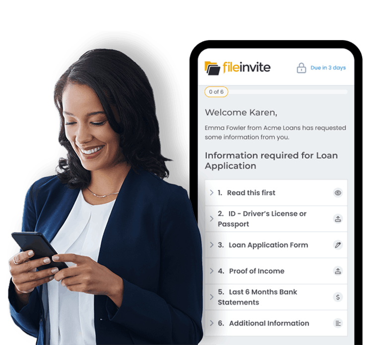 Corporate woman on phone and FileInvite mobile UI