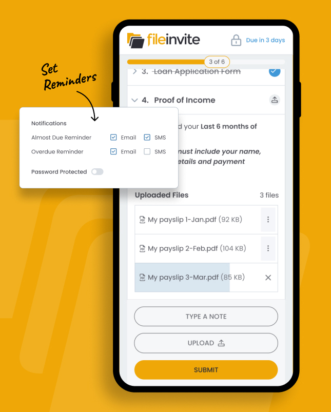 FileInvite App mobile view and notification settings