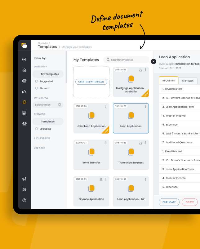 FileInvite App defining document templates